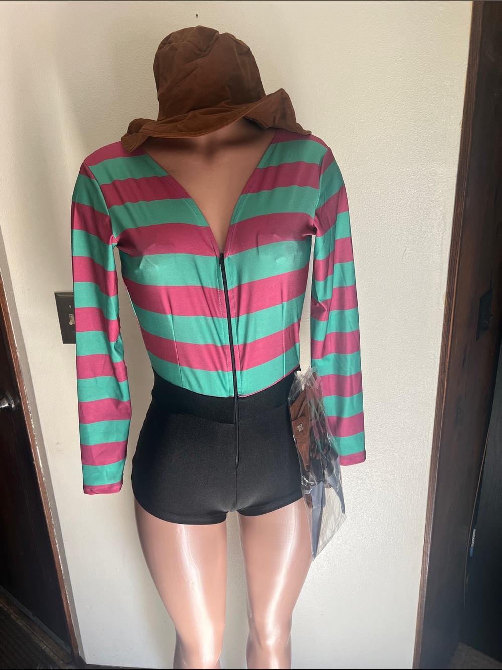 Halloween costume three piece Striped Long-Sleeve Zip-Front Bodysuit with hat